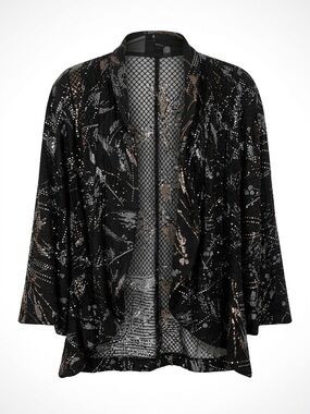 Black Sequin Open-Front Kimono Jacket with Metallic Accents